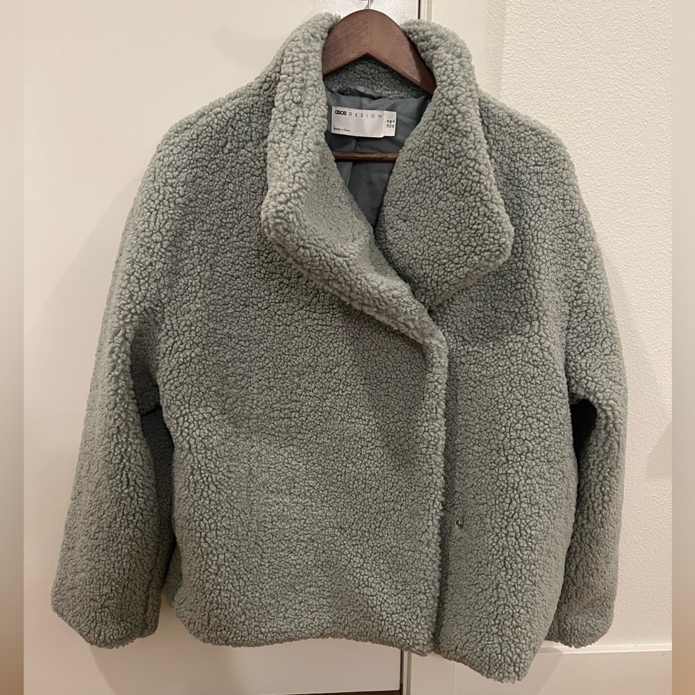 Teddy style polyester, sage color jacket with two buttons